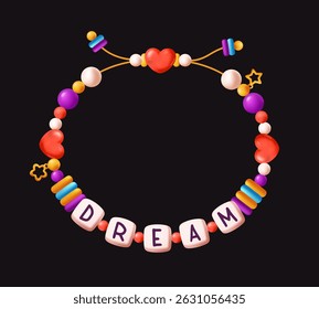 Colorful bracelet made of heart, star, and round beads spelling DREAM in playful style, isolated on black background. Concept of inspiration and creativity. Vector illustration