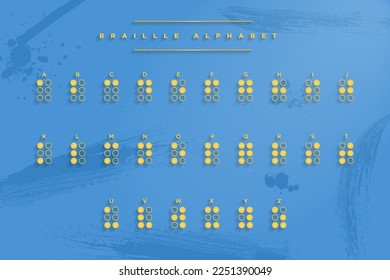 Colorful Braille English Alphabet on blue background with grunge paint streaks. ABC guide for blind and visually impaired people. Braille Letters as Dots. Vector Illustration. EPS 10