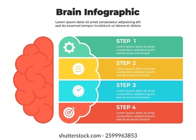 Colorful brain infographic with four circular icons aligned vertically for step by step educational process