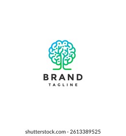 Colorful Brain Tree Branches Logo Design. Brain Tree With Trunk To Neuro Points Logo Design.