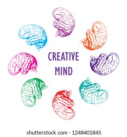 Colorful brains on a circle background. Creative mind bright vector illustration.