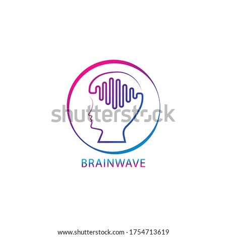 Colorful brainwave logo design template. Outlined people head with pulse signal wave logo concept. Blue Magenta violet purple gradation color. Isolated on white background
