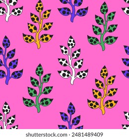 Colorful branch seamless pattern with spotted texture. Bright trendy natural background with vibrant twig and leaf. Repeat vector illustration. Modern cartoon style