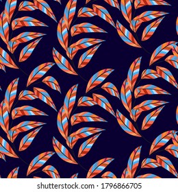 colorful branches of leaves seamless vector pattern blue background, botanical illustration