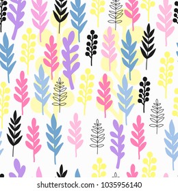 Colorful branches and leaves . Trendy joyful background with decorative colored forest. Vector seamless pattern. Cute plants.