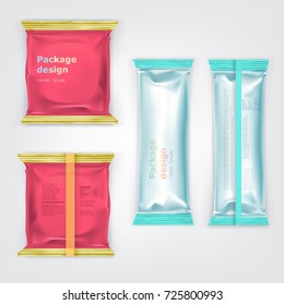 Colorful, branded with ingredients list on back plastic or foil square, rectangular food product template packages realistic vector set isolated on white. Cookies, crackers, chocolate bar pack mock-up