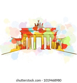 Colorful Brandenburg Gate Sketch. Hand Drawn Vector Illustration, Paint Splatter Color Isolated on White Background. Business Travel and Tourism Concept with Modern Architecture.