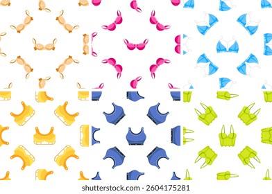 Colorful bras and tops seamless vector patterns, repeating colorful underwear design