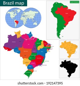 Colorful Brazil map with states and capital cities