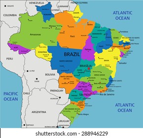 Colorful Brazil political map with clearly labeled, separated layers. Vector illustration.