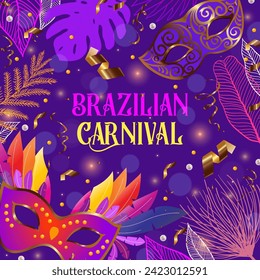 Colorful brazilian carnival banner template with dark blue background. Happy Carnival, Brazil, South America Carnival with samba dancers and musicians.