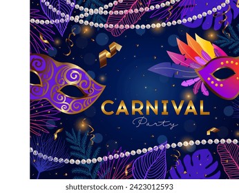 Colorful brazilian carnival banner template with dark blue background. Happy Carnival, Brazil, South America Carnival with samba dancers and musicians. 