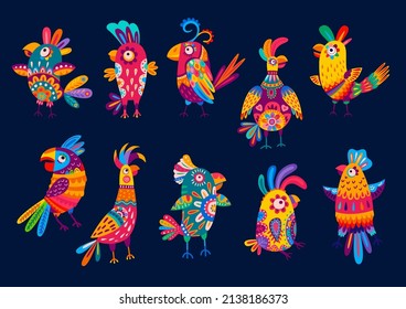 Colorful brazilian and mexican parrot birds, vector alebrije paper craft. Parrots birds of Mexico or Brazil tropical jungle in paper cut art, cartoon exotic ara or parakeet in floral ornament