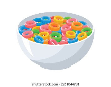 Colorful breakfast cereal sweet rings icon vector. Bowl of multicolor breakfast cornflakes cereal icon vector isolated on white background. Breakfast cereal for children illustration