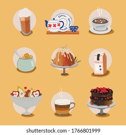 Colorful breakfast food icons. Isolated vector illustrations. 
Tasty breakfast at home. Coffee time