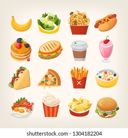 Colorful breakfast food icons. Meals and snacks for a quick lunch. Isolated vector illustrations