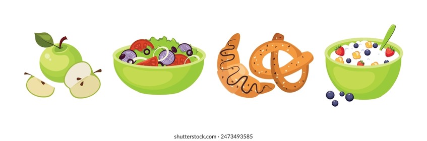 Colorful Breakfast Meal and Morning Food Served Vector Set