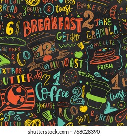 Colorful Breakfast seamless pattern design template. Modern lettering with sketch icons of food on chalkboard background. Restaurant, cafe identity template.