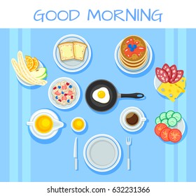Colorful breakfast table concept with fruits vegetables cheese salami sausage muesli omelette toasts coffee honey berries isolated vector illustration