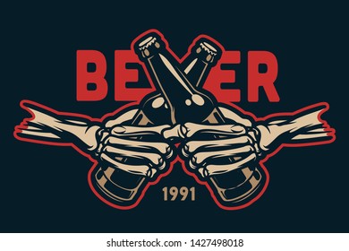 Colorful brewing concept with skeleton hands clinking beer bottles in vintage style isolated vector illustration