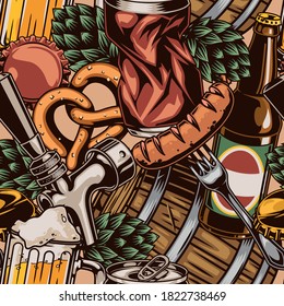 Colorful brewing seamless pattern with different beer elements in vintage style vector illustration