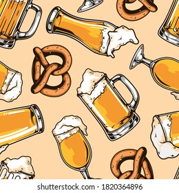 Colorful brewing vintage seamless pattern with pretzel glasses cups and mugs of beer vector illustration