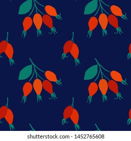 Colorful briar print. Seamless pattern with branch of orange rose hip berries. Berry collection.