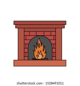 Colorful brick fireplace with fire. Decorative element. House heating. Vector illustration in cartoon style isolated on white background