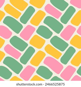 Colorful brick seamless summer pattern illustration. Children style mosaic doodle background, funny basic shapes wallpaper