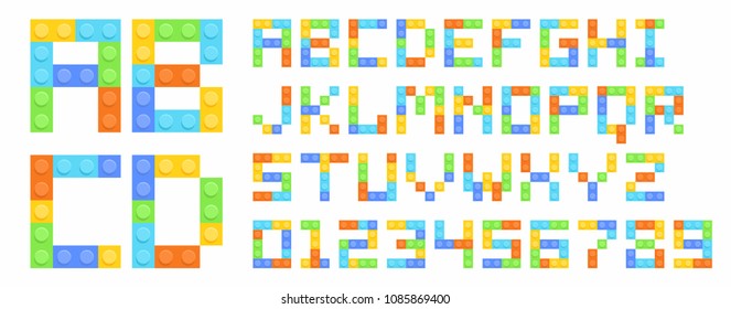 Colorful brick toys alphabet with numbers isolated on white background
