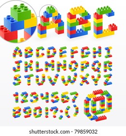 Colorful brick toys font with numbers. Vector illustration.