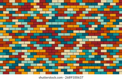 Colorful brick wall pattern in retro style, vibrant decorative texture perfect for wallpaper, packaging, or creative graphic design.