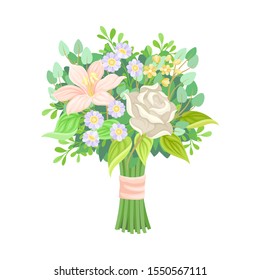Colorful Bridal Bunch of Flowers Tied With Silk Ribbon Vector Illustration