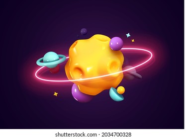 Colorful bright 3d planet with glowing neon rings. Abstract solar system with planets and stars in orbit. Meteorite and comet. Space futuristic creative design. Vector illustration