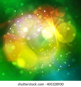 Colorful Bright Abstract Bokeh Background , Green and Yellow Defocused Lights, Vector Illustration