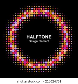 Colorful Bright Abstract Halftone Design Element on black background, vector illustration 