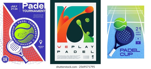 colorful, bright abstract posters for padel sport competitions on blue background with image of court, ball and padel racket. background, texture, flyer