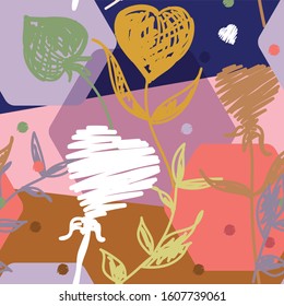 Colorful and bright abstract seamless pattern with hand drowing hearts flower.