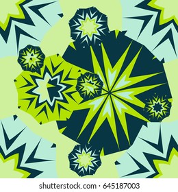 Colorful bright Abstract seamless pattern for childs clothes green color. Creative vector background with dots, pomade, shoes, star.Funny wallpaper for textile and fabric. Fashion style.