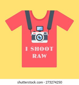 Colorful, bright, attractive T-shirt with the image of a retro camera hanging around a neck. Illustration in a flat style. Fully editable vector illustration. Ideal to use as a t-shirt.