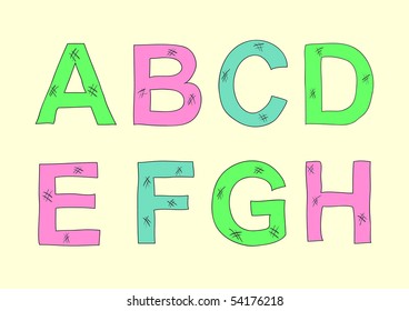 colorful bright A B C D E F G H vector letters in hand drawn style