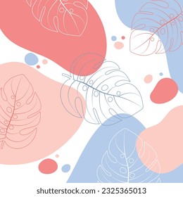 Colorful bright background with line art monstera. Seamless botanical illustration with tropical plants. 