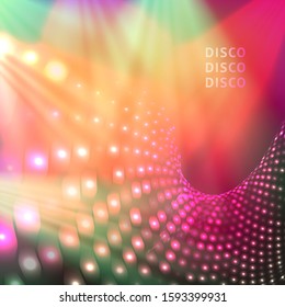 Colorful and bright blue disco party background with shining lights. Vector illustration for your graphic design.