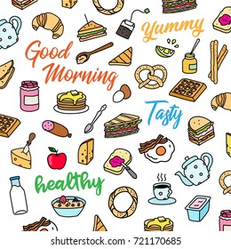 Colorful bright breakfast related vector pattern, background. Hand drawn colored doodle icons with cheese, toast, jam, pancakes, teapot, coffee, yogurt, fried eggs, waffle, croissant, sandwich, apple.