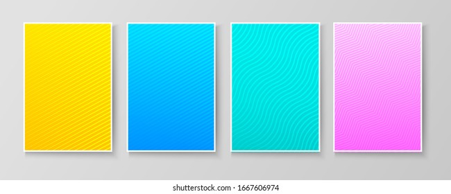 Colorful bright brochures covers with stripes speed lines waves and zigzag patterns. Vector illustration