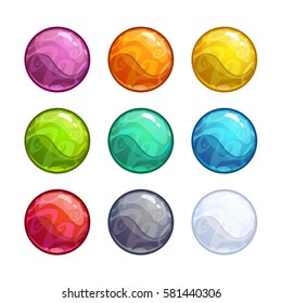 Colorful bright bubbles set. Vector glossy balls, round assets for game design.