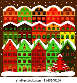 Colorful bright buildings on the hills and trees. Houses on brown and red colors. Vector.