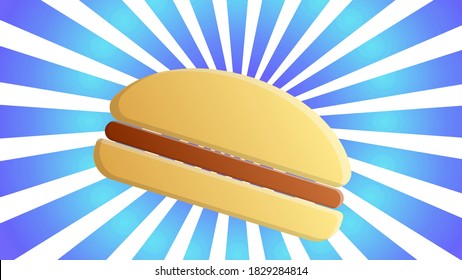 colorful and bright burger on a blue and yellow background with stripes, vector illustration. appetizing burger on a staged background. wallpaper for cafe, fast food. snack with a sandwich.