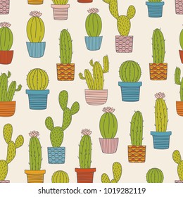 Colorful and bright cactus seamless pattern. Cute hand drawn doodle of plants, cacti in patterned pots. Vector template design for textile, backgrounds, packages, wrapping paper, fabric, wallpaper.