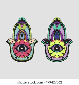 Colorful bright candy color ham sa Fatima hand protection symbol on white background